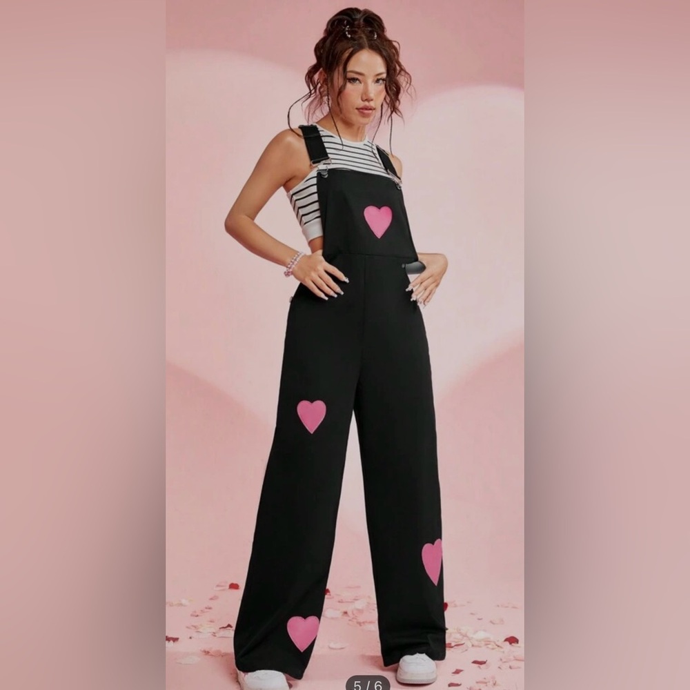 Black Jumpsuit with Pink Heart Accents - Picture 2 of 12